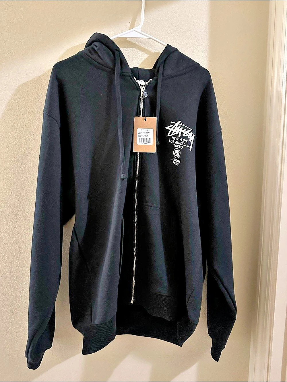 Stussy New York Los Angeles Tokyo Graphic Zip Hoodie Black & White Large